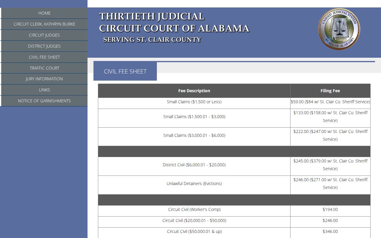 St. Clair County Circuit Clerk civil filing fee sheet
