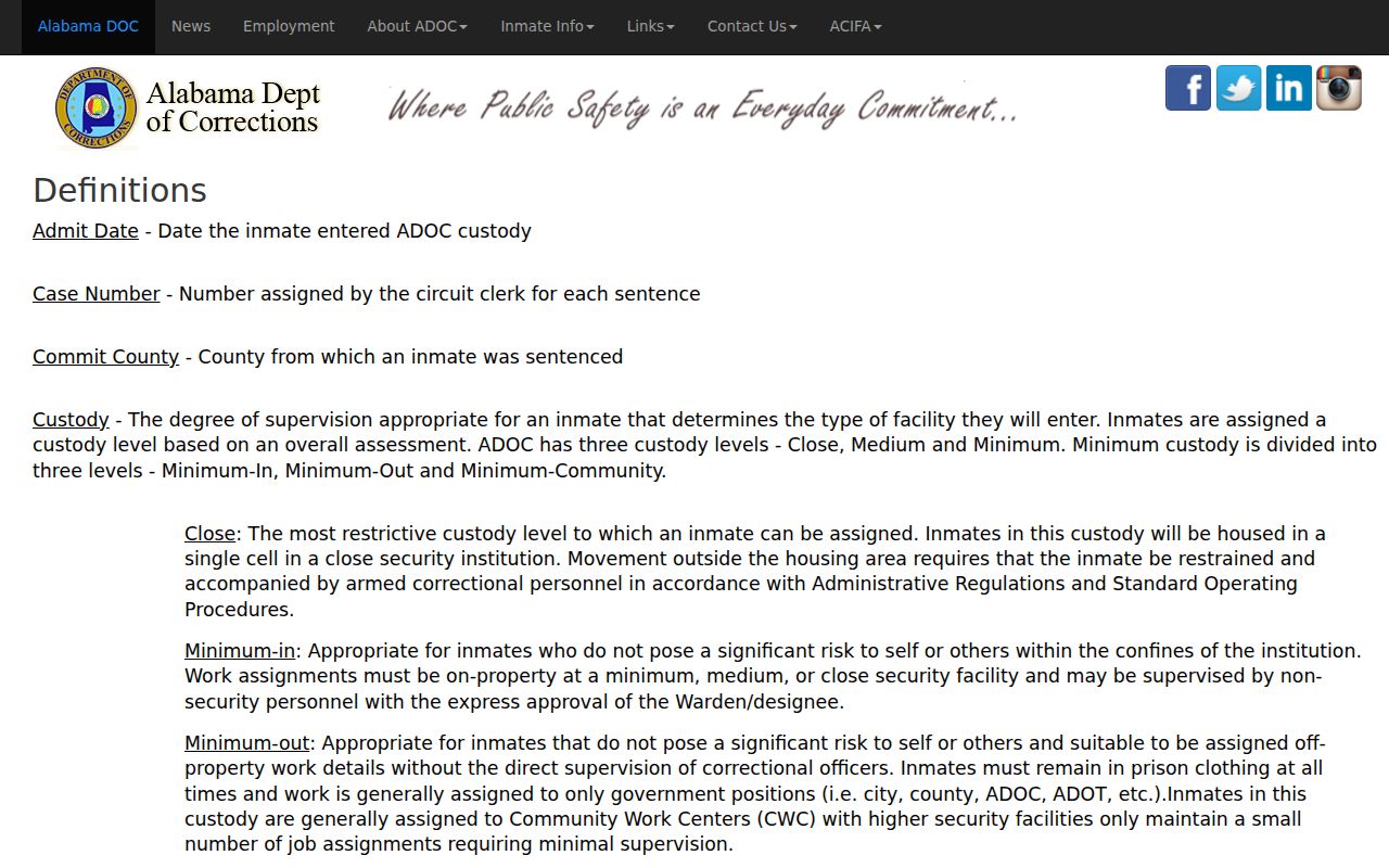 St. Clair County state inmate search ADOC definitions